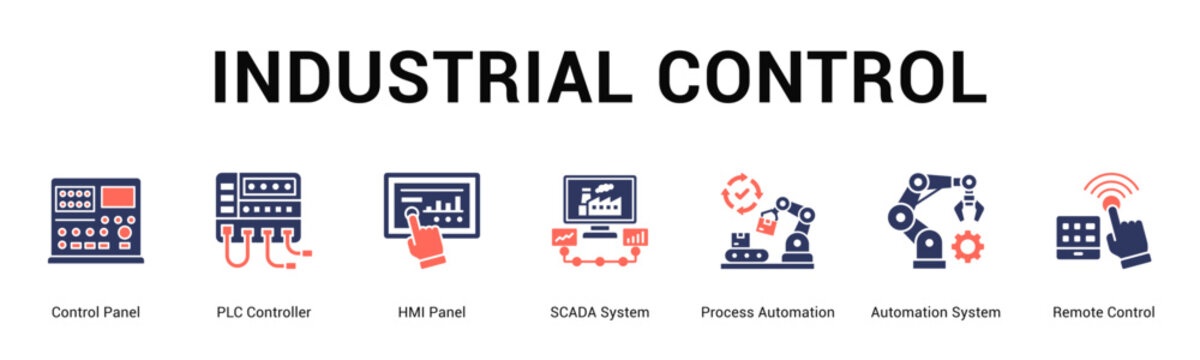 Industrial Control  Modern and clean web banner illustration vector featuring thematic icons