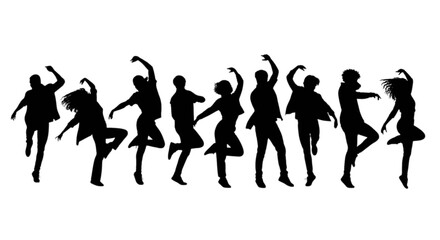 Dynamic silhouettes of people dancing in various joyful poses isolated on transparent background, Vector