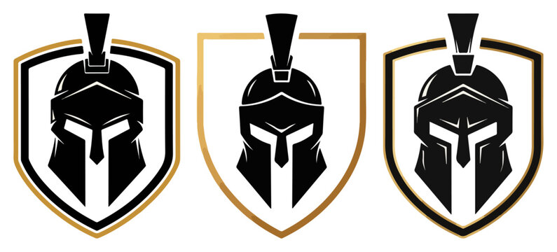 Spartan warrior helmet and shield logo vector set Greek Roman gladiator emblem for gym security or team mascot