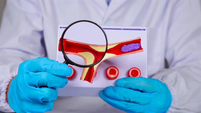 Gros plan sur un m&eacute;decin en train d'analyser avec une loupe le mod&egrave;le 3D d'une art&egrave;re bouch&eacute;e avec de la graisse et un caillot de sang. En arri&egrave;re-plan, il est habill&eacute; avec une blouse blanche.
