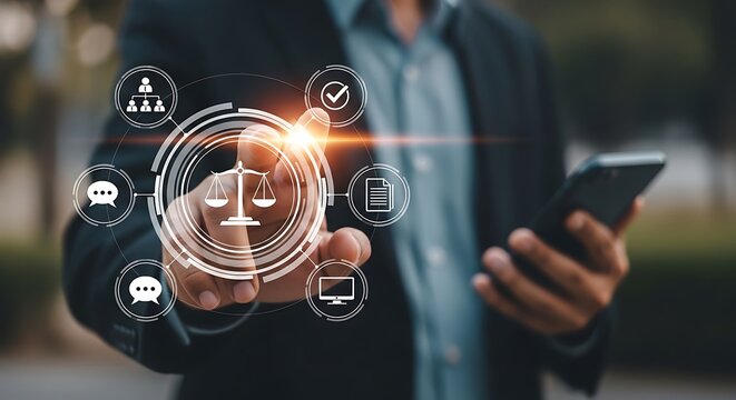 Man in suit holding smartphone with digital law scales