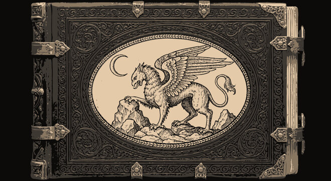 vintage book cover with winged lion and crescent moon