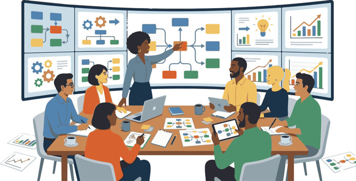 Team of experts analyzing complex workflows and logic diagrams
