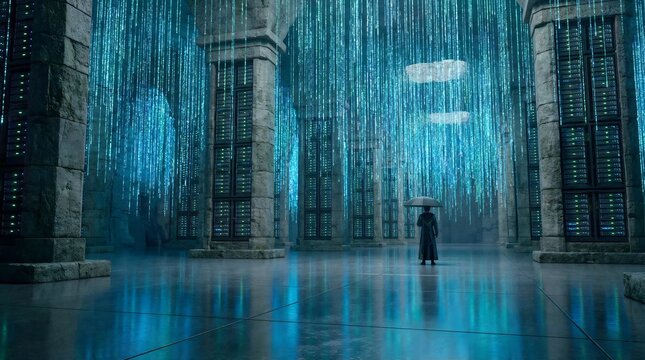 Person in a futuristic data center with raining blue code surrounded by servers and technology infrastructure