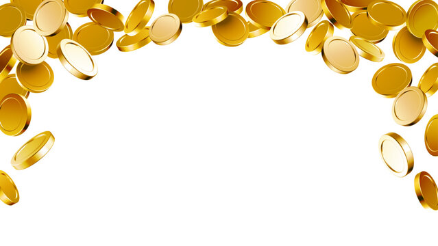 Gold coins frame. Falling golden coin border, flying shiny money and floating blank cash. 3D metallic currency shower, casino jackpot winner background, financial wealth design with white copy space