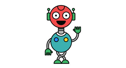 Obraz premium Friendly cartoon robot character waving hello with a cheerful expression isolated on a white background