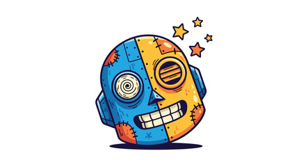 Fototapeta premium Whimsical cartoon robot head with mismatched blue and yellow halves quirky stitches and a dizzy spiral eye isolated