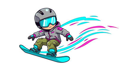 Fototapeta premium Excited child snowboarder in colorful winter gear carving down a snowy slope with vibrant abstract motion trails