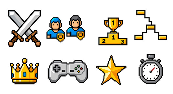 Pixelated video game icons featuring crossed swords player avatars trophy on podium stair level map crown game