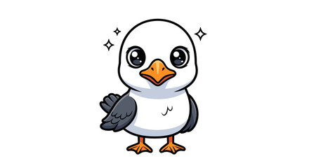 Obraz premium Cute cartoon baby seagull character with big eyes and fluffy feathers standing happily with sparkling highlights