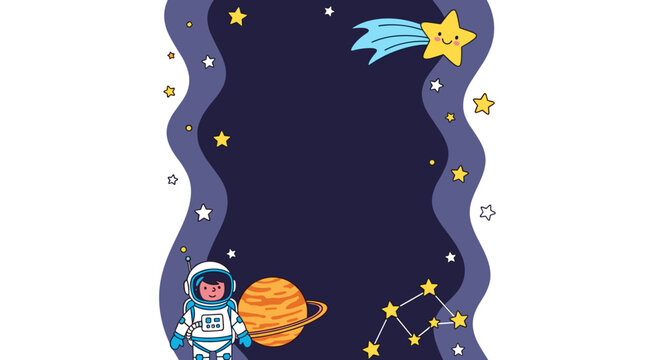 Whimsical cartoon astronaut floating in starry deep space with a friendly comet and glowing planets perfect for kids'