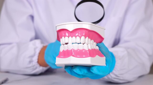 Un dentiste montant un dentier avec une loupe. En arri&egrave;re plan, il est habill&eacute; avec une blouse blanche m&eacute;dicale.