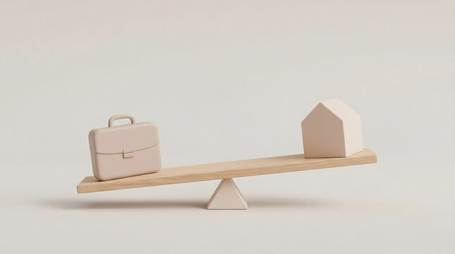 work life balance concept with 3d briefcase and house icons on wooden see saw depicting professional career and personal life equilibrium on minimalist beige background