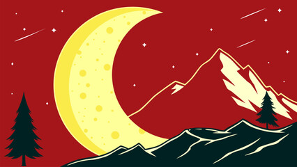 Night landscape vector with crescent moon above dramatic mountain peaks and forest silhouettes. Ideal for nature scenes, camping themes, wilderness adventure graphics, and travel poster design. © yossi