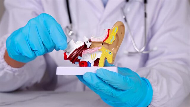 Un orl en train d'examiner le fonctionnement de l'oreille sur un mod&egrave;le 3D avec son doigt. En arri&egrave;re-plan, il est habill&eacute; d'une blouse m&eacute;dicale.
