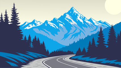 Scenic vector illustration of a road leading through pine forest toward snowy mountains. Perfect for travel design, outdoor adventure themes, nature backgrounds, road trip concepts, and landscape art. © yossi