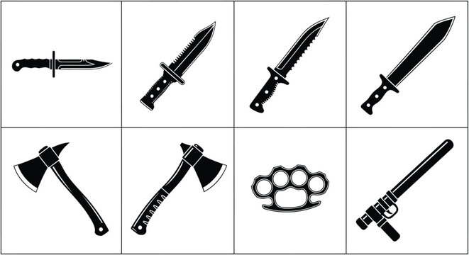 Set of 8 weapon icons vector, knife, axe, gun, knuckle duster