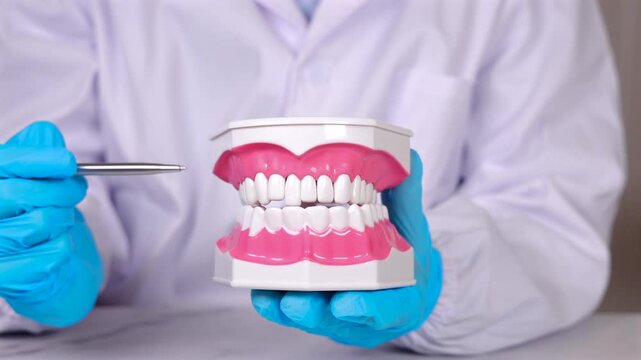 Un dentiste qui montre un mod&egrave;le 3D de dentier avec son stylo.