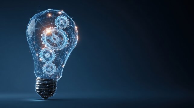 Wireframe light bulb with internal gears on dark background