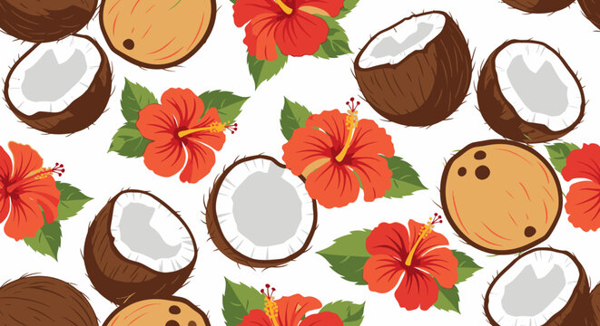 Tropical pattern with coconuts and hibiscus flowers.