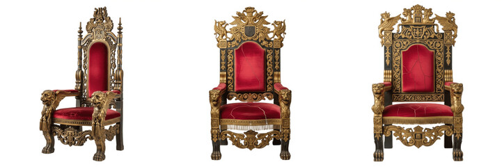 Set and collection of royal golden thrones with red velvet upholstery and ornate lion head carvings isolated on white transparent png background © made man