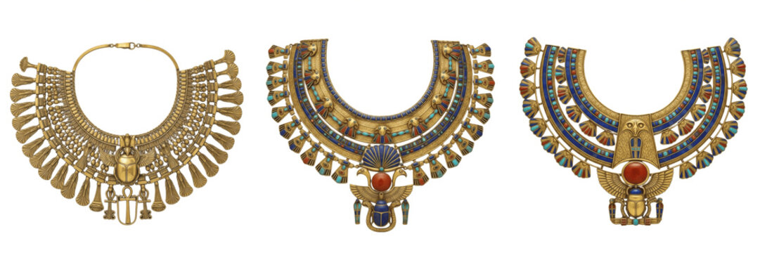 Set and collection of ancient Egyptian golden collar necklaces with lapis lazuli and turquoise gemstones featuring pharaoh wing motifs isolated on white transparent png background
