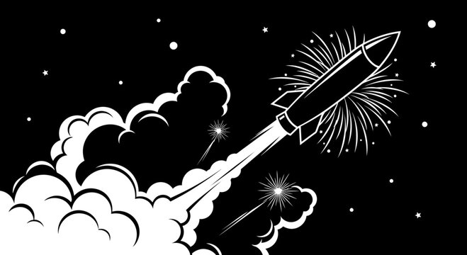 rocket launching into starry night sky with smoke