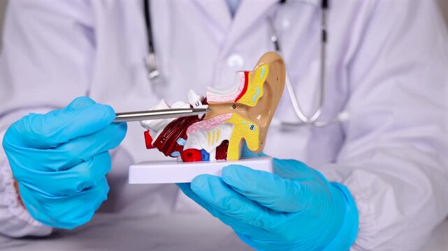 Un orl en train d'examiner le fonctionnement de l'oreille sur un mod&egrave;le 3D avec un stylo. En arri&egrave;re-plan, il est habill&eacute; d'une blouse m&eacute;dicale.