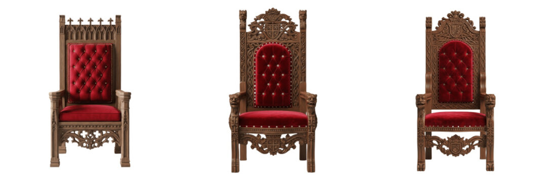 Set and collection of royal medieval wooden thrones with red velvet upholstery and ornate gothic carvings isolated on white transparent png background