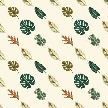 Artistic sketch style botanical background featuring monstera and palm foliage in a slanted arrangement
