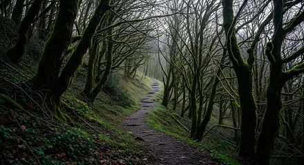 Fototapeta premium Winding through an ancient, moss-laden forest, a mystical path invites exploration into nature's quiet depths