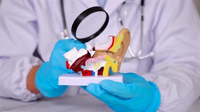 Un orl en train d'examiner le fonctionnement de l'oreille sur un mod&egrave;le 3D avec une loupe. En arri&egrave;re-plan, il est habill&eacute; d'une blouse m&eacute;dicale.