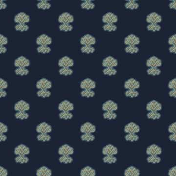 Hand-painted seamless pattern featuring ornate antique keys with intricate details and subtle magical glow on deep navy background