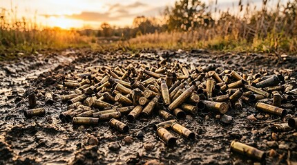 Fototapeta premium Empty Shell Casings Scattered in Mud on Battlefield