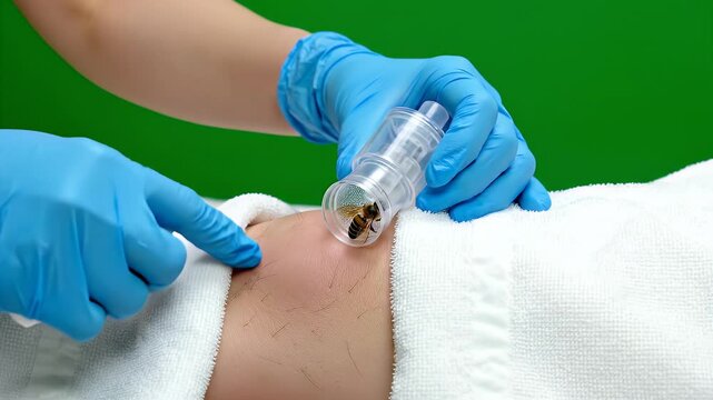 Close up of Beekeeper Hands in Blue Gloves Performing Apitherapy Treatment with Live Bees in Protective Holder on Green Screen Background