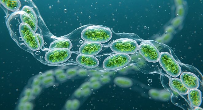Microscopic view of green algae colonies.