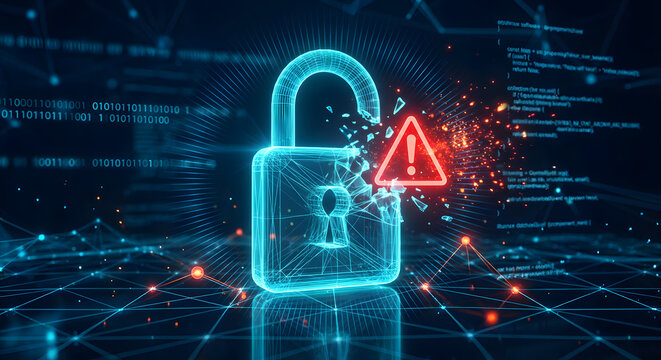 abstract digital illustration of a glowing blue wireframe padlock shattering with a red warning alert icon representing a major cyber security breach data hack and system failure