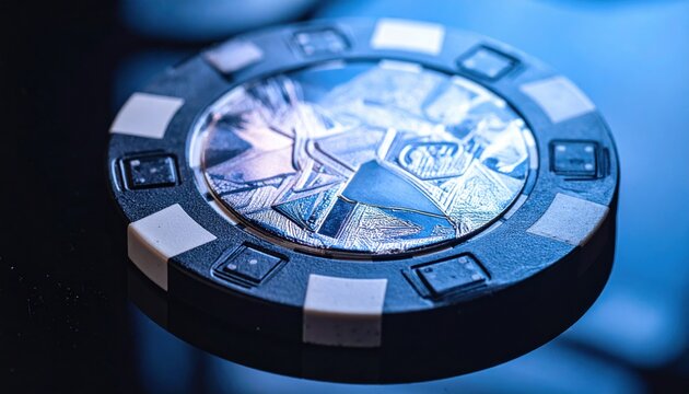 A mesmerizing close-up of a sophisticated high-denomination casino chip, showcasing an intricate holographic design reflecting light beautifully in a gaming environment.