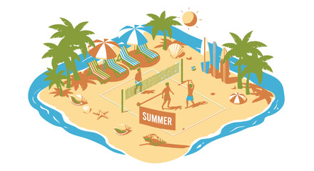 Obraz premium Vector summer beach illustration with palm trees and activities