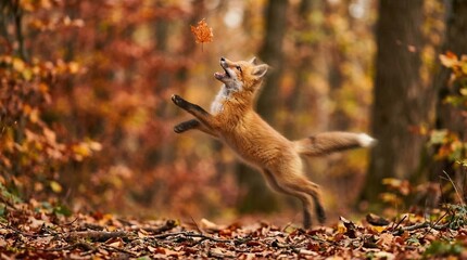 Obraz premium Red fox leaping in autumn forest catching falling leaf, playful, motion