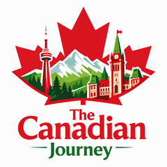 Fototapeta premium Scenic Canadian journey illustration with maple leaf backdrop and famous landmarks, celebrating travel, heritage, exploration, culture, pride, and breathtaking northern landscapes