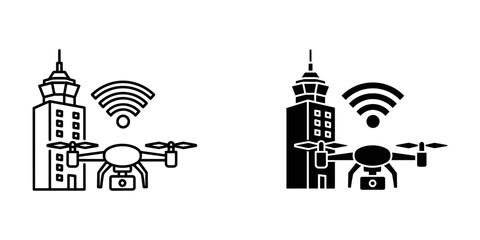 Obraz premium drone surveillance over smart city buildings with wifi signals vector illustration