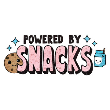 Fun powered by snacks typography design featuring a cute smiling chocolate chip cookie and milk isolated on transparent background