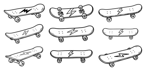 Skateboard Icons Set Hand Drawn Decks With Lightning Doodle Vector © Aisha Kudorova