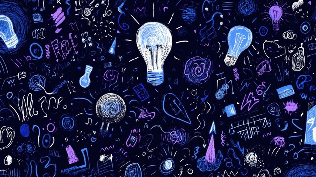Abstract collection of doodles and light bulbs on dark background