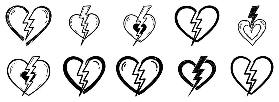 Broken Heart Lightning Icons Set Emo Punk Love Symbol Vector