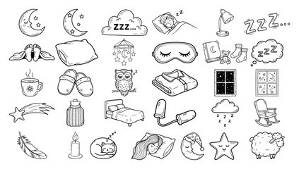 Sleep and dream doodle vector icon set Hand drawn collection of cute night and bedtime symbols © Aisha Kudorova