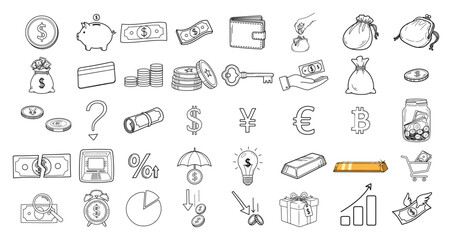 Fototapeta premium Hand drawn money and finance icons set Doodle sketch style business symbols including cash coins and piggy bank Vector illustration