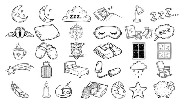 Sleep and dream doodle vector icon set Hand drawn collection of cute night and bedtime symbols