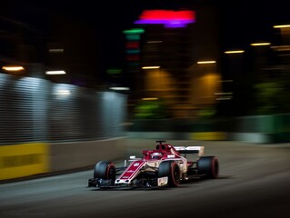 Naklejka premium Formula 1 race car speeding at night circuit